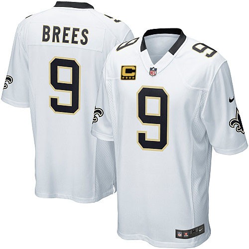 Youth Elite Drew Brees C Patch Nike Jersey White Road - #9 NFL New Orleans Saints